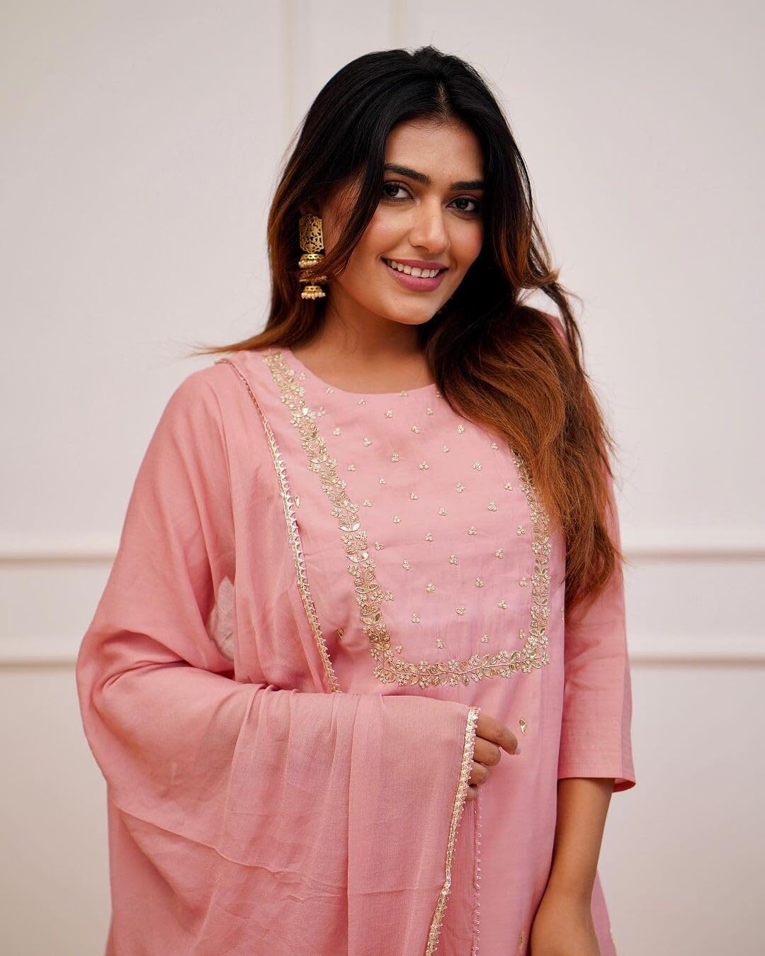 Shiv Textiles Women's Chanderi Silk Embroidered Kurta Pant Dupatta Set(Jda-Pragati-Lightpink-Xl)