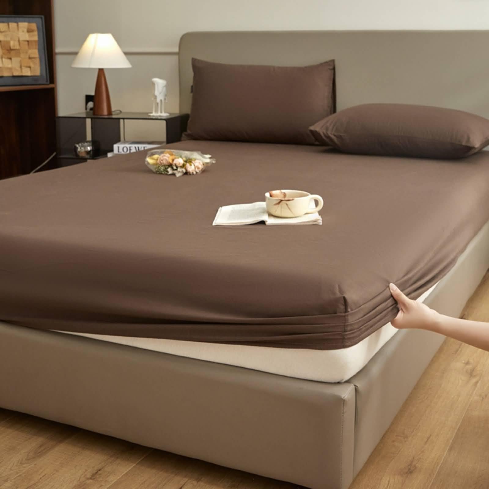Boxspringbett 120x200 cm, Spannbettlaken Baumwolle Einfarbig Boxspringbett Spannbettlaken Einzelbett Atmungsaktives und Weiches, Dunkel Kaffee