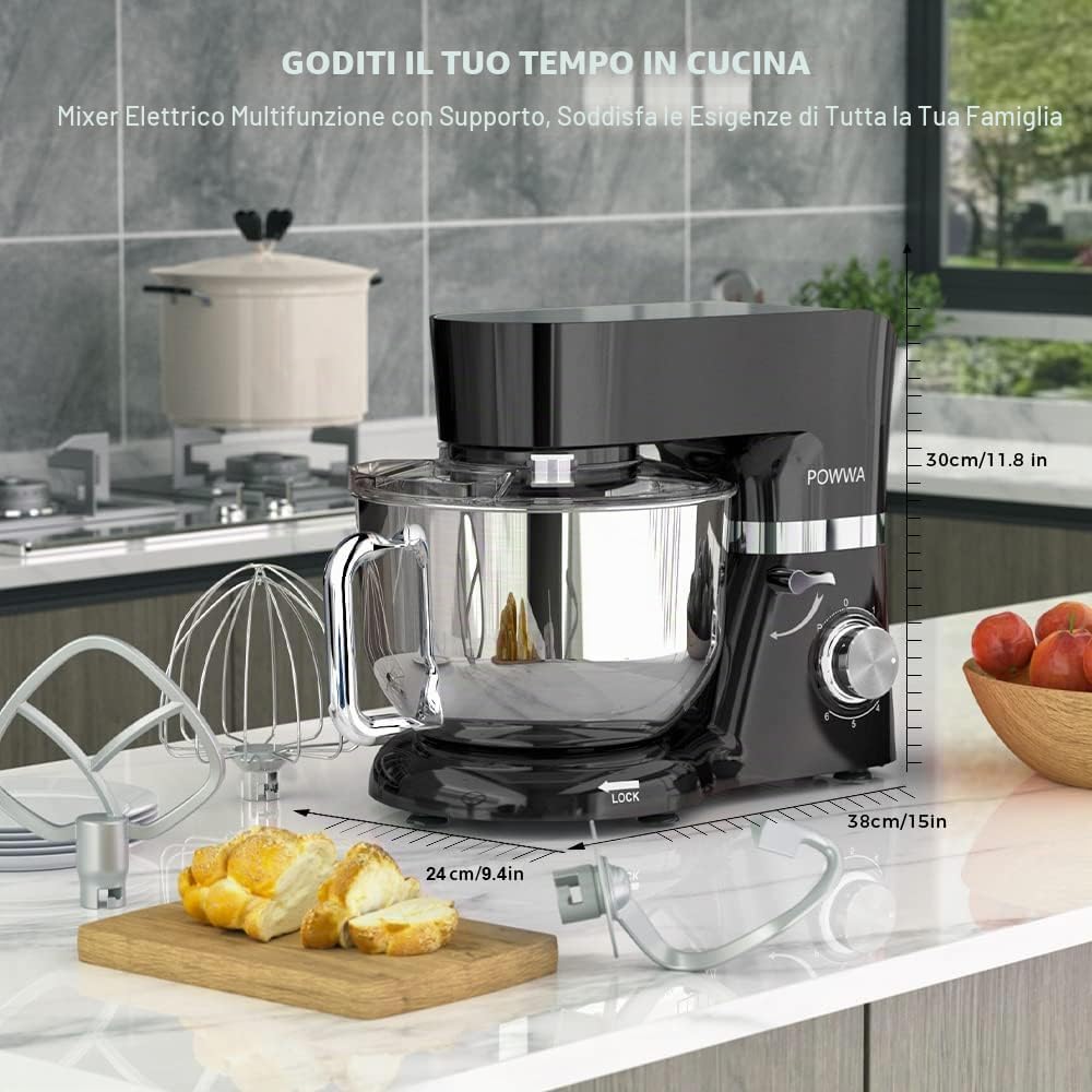 Impastatrice Planetaria, POWWA 5.5L Robot da Cucina, 6+1 Multifunzione Impastatrice Professionale con Frusta, Gancio per Impastare, Frusta per Dolci, Ciotola di Acciaio Inossidabile (Nero)