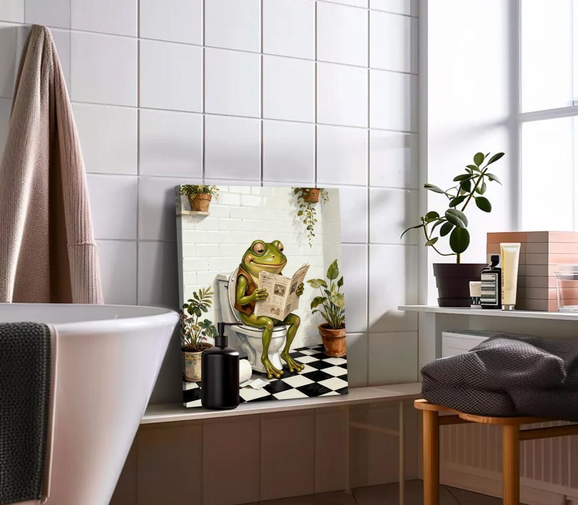 Funny Frog Bathroom Wall Art Prints,Bathroom Decor Wall Art Frog on Toilet Reading Newspaper Canvas Painting,Framed Animal Art Pictures For Bathroom Washroom Restroom Decor(12"X16")