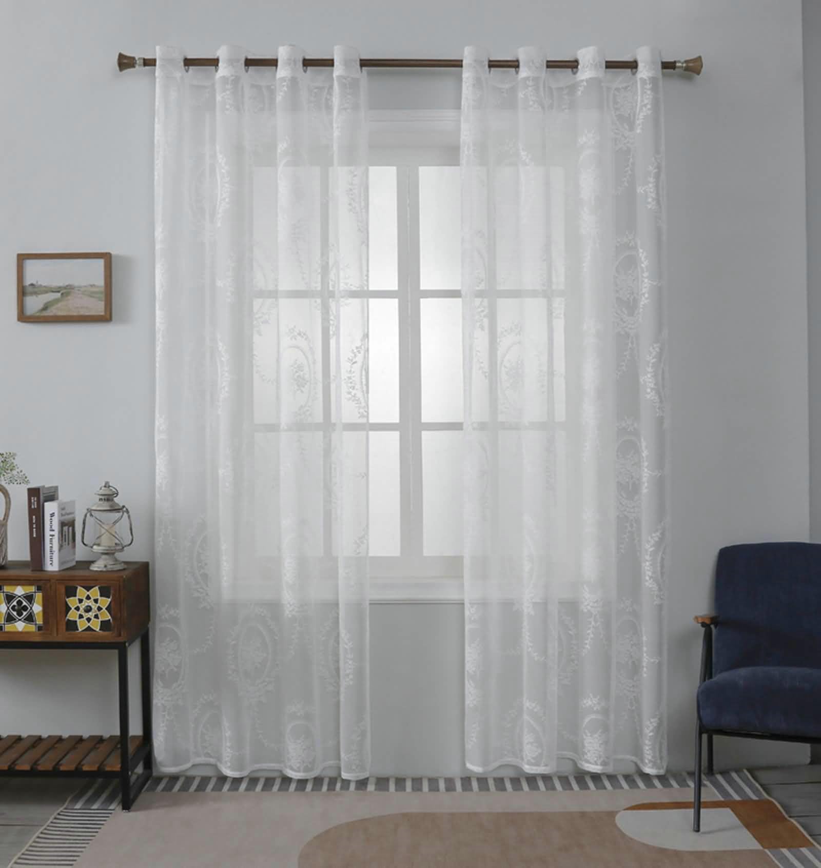Tenda semitrasparente bianca, 160 cm di lunghezza, 2 pannelli, motivo con rami di fiori e foglie, con occhielli nella parte superiore, tende trasparenti per soggiorno, camera da letto, ogni