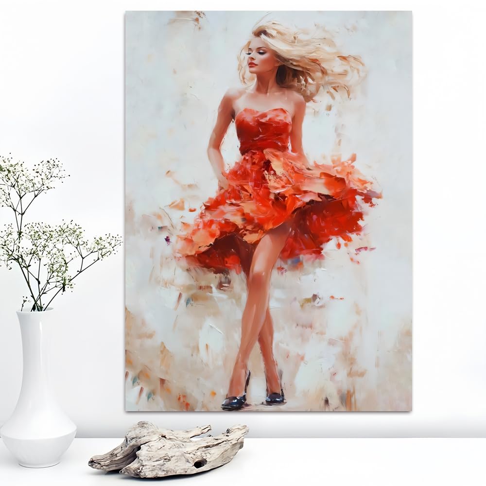 Ndfryfyd Obraz na płótnie z jaskrawoczerwoną sukienką - Złoty wzór akwareli plakat do salonu, sypialni, kuchni lub baru (50 x 60 cm/z ramą)