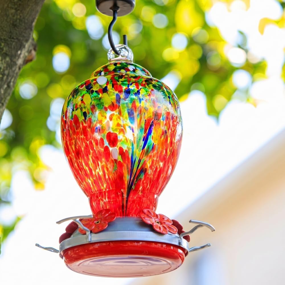 WOSIBO Hummingbird Feeder for Outdoors Patio Large 32 Ounces Colorful Hand Blown Glass Hummingbird Feeder with Ant Moat Hanging Hook, Rope, Brush and Service Card (Red-Sunrise) image 3