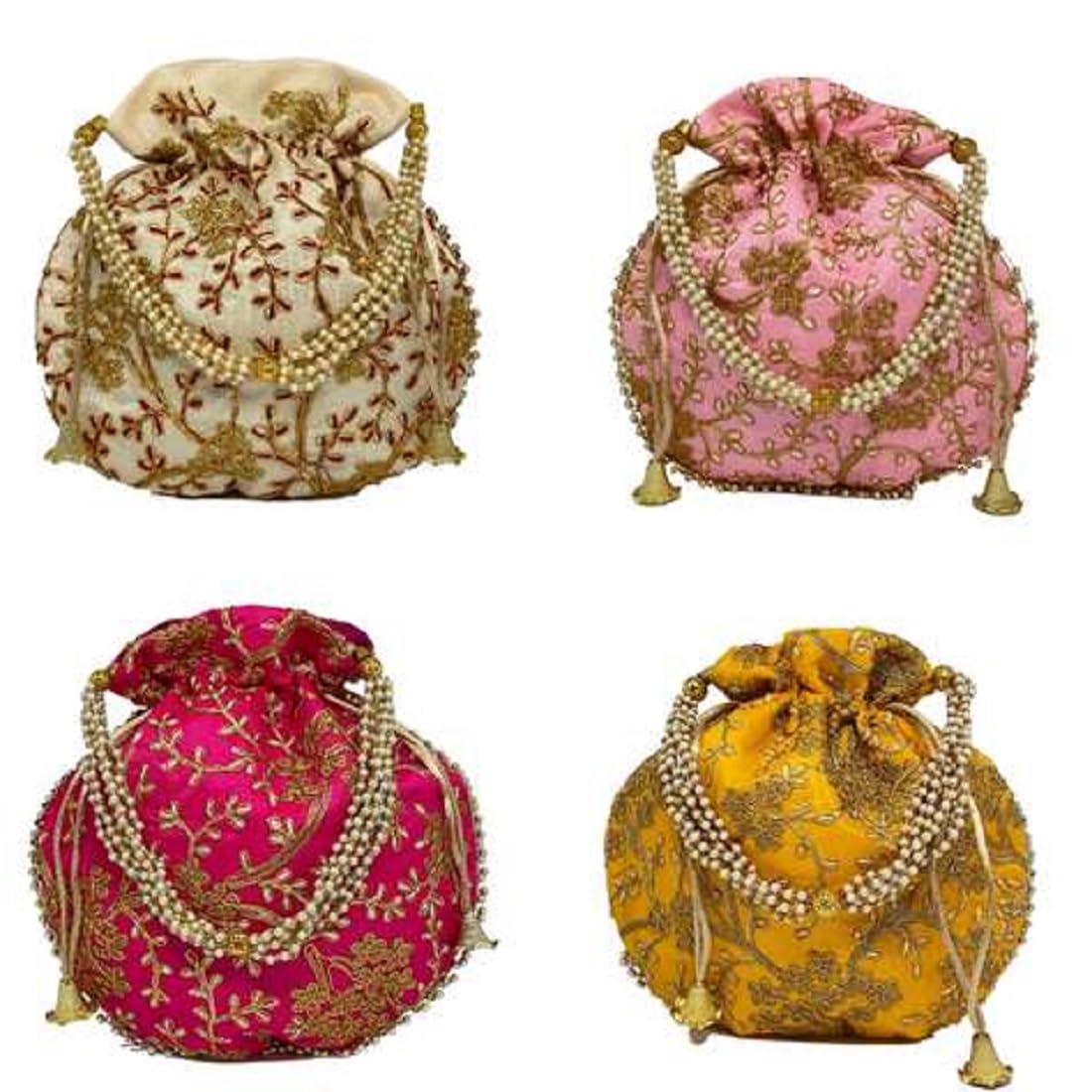 Embroidered Potli Bag for Girls, Round Shape with Pearl Beaded Handle and Drawstring Closure, Multicolour combo set-picture-55