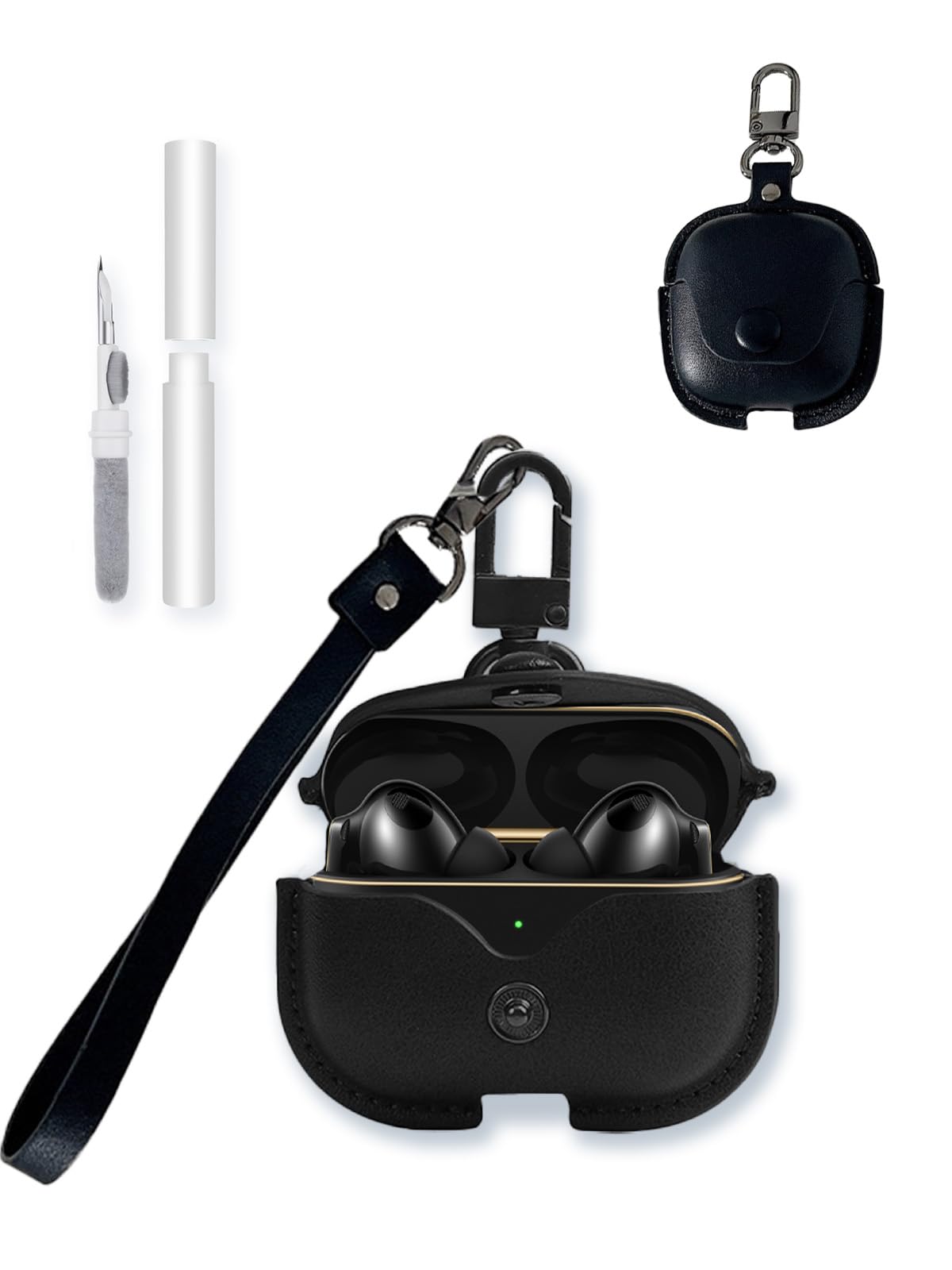 BOVUGAC Schutzhülle für Huawei FreeBuds Pro5, stilvoll, Retro-Stil, weicher Schutz, Premium-PU-Leder-Schutzhülle mit Reinigungsset und Umhängeband, für Huawei FreeBuds Pro 5, Schwarz