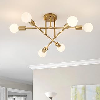 Semi Flush Mount Ceiling Light Fixture, 6 Lights Modern Sputnik Chandelier Ceiling Lamp with E26 Bulb Base, Light Fixtures Ceiling Mount for Bedroom Kitchen Living Room Hallway Entryway (Gold)