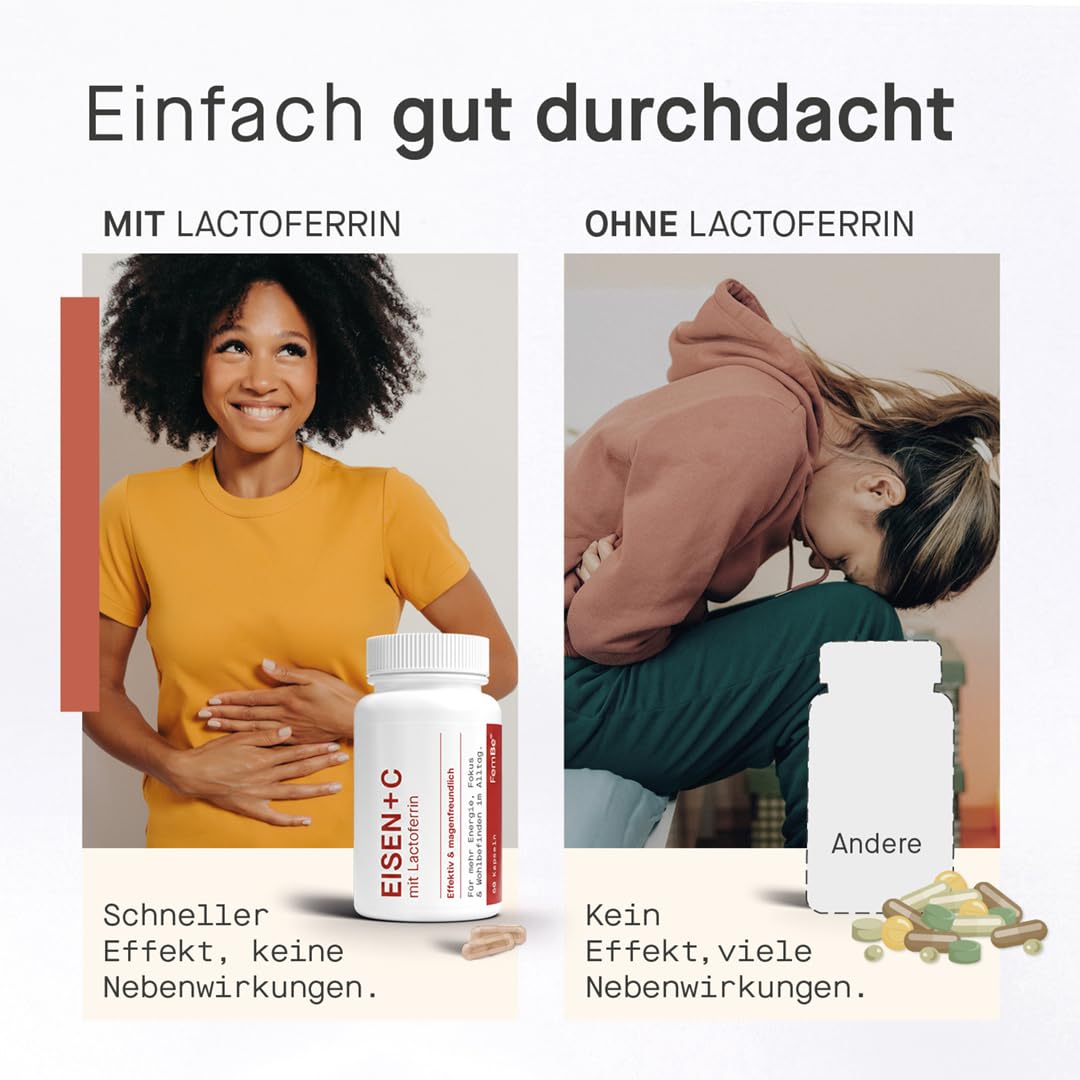 Magenfreundliche Eisentabletten für Frauen mit Lactoferrin & 142 mg Vitamin C – Effektiv & Bioverfügbar – Vegetarisch, ohne Zusätze – Eisen-Bisglycinat & Natürliches Vitamin C – 60 Kapseln