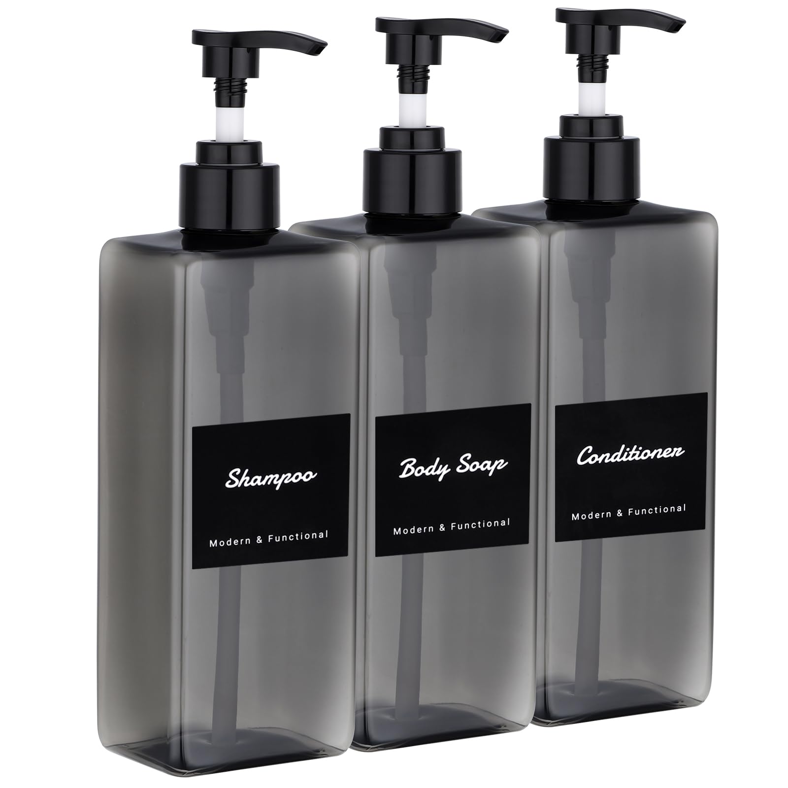 Segus Grey Soap Dispenser, 3 Pieces Pump Bottle Dispenser 500ml, Empty Bottles in Plastic with Labels