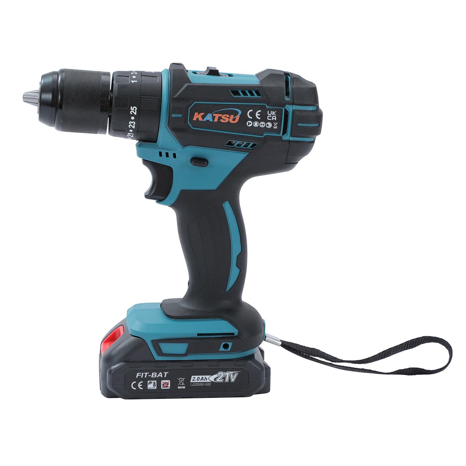 KATSU FIT-BAT 21V Taladro de Impacto Inalámbrico con 2 x 2,0Ah Baterías y Accesorios, 13mm Mandril sin Llave, 2 Velocidades y luz LED, para Mejoras en el Hogar DIY 102675