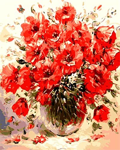 Komidea DIY Oil Painting, Adults Paint by Number Kits with Paint Brush, Red Flower DIY Painting Paint by Numbers 16x20inch with Wooden Frame