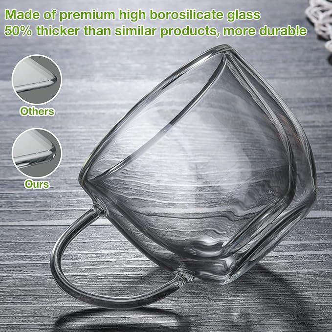 Image of PrimeWorld Double Walled Glass Coffee Mugs - Set of 2, 250ml | Hand-Blown Insulated Glass Cups with Handle | Clear Heat Resistant Mugs for Cappuccino, Latte, Americano, Tea & Beverages