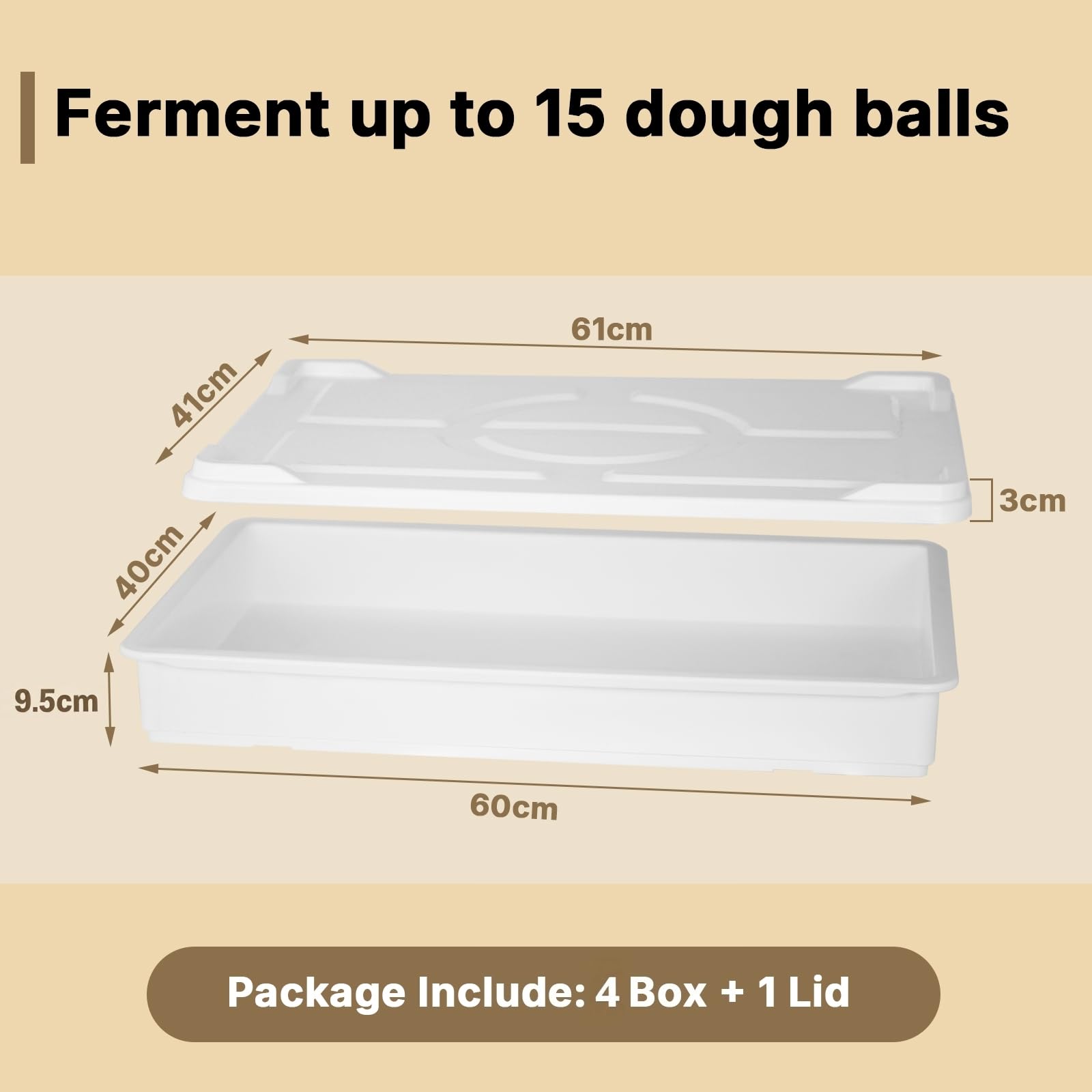 Set di 4 scatole per la lievitazione della pizza con 1 coperchio, 60 x 40 x 9,5 cm, impilabili, per uso alimentare, per pizza, pane e panetteria, contenitori in plastica resistente, lavabili