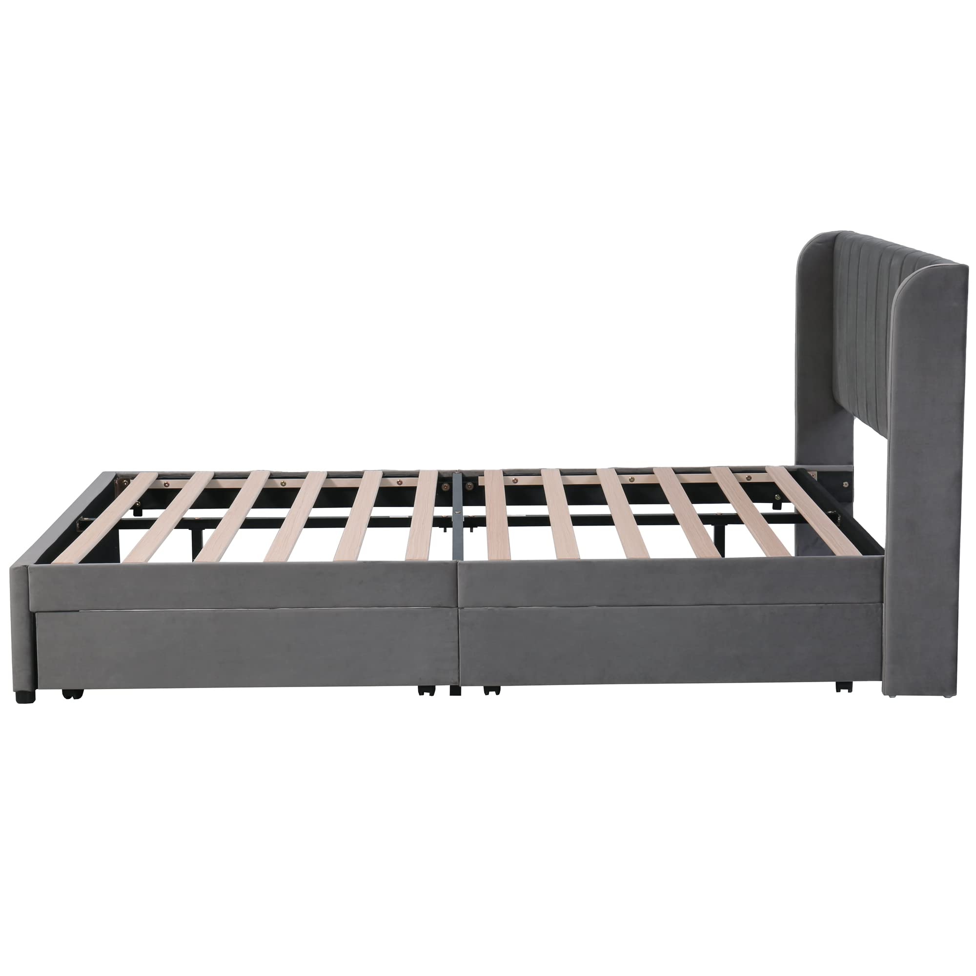 Rtopsu Polsterbett Doppelbett 140x200 cm, Bett mit 2 Stauraum Schubladen und Lattenrost aus Holz, Stauraumbett Bettgestell mit Metallrahmen, Samt, Grau (Ohne Matratze)