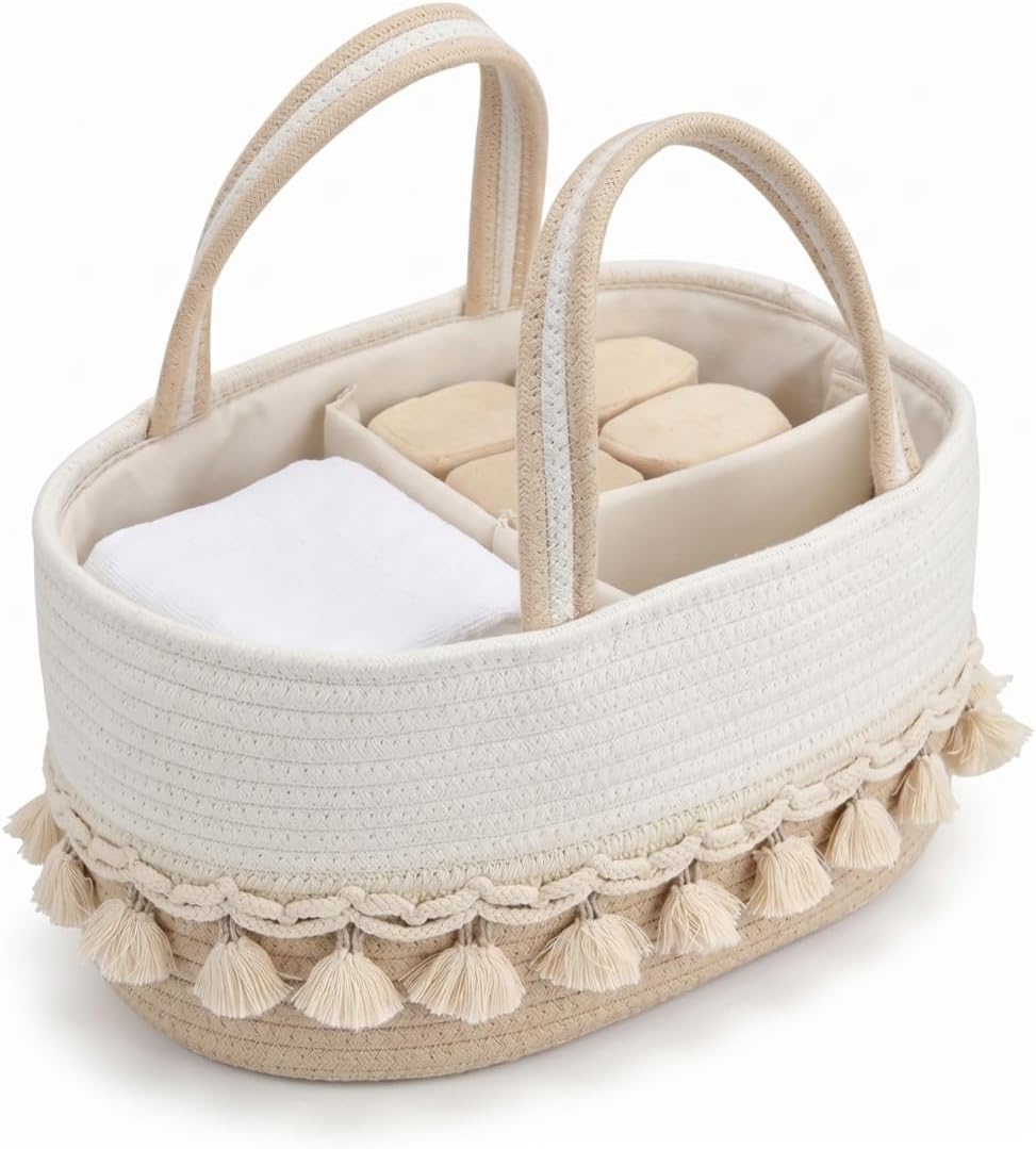 Baby Diaper Caddy Organizer, Removable Dividers, Khaki White, 14in