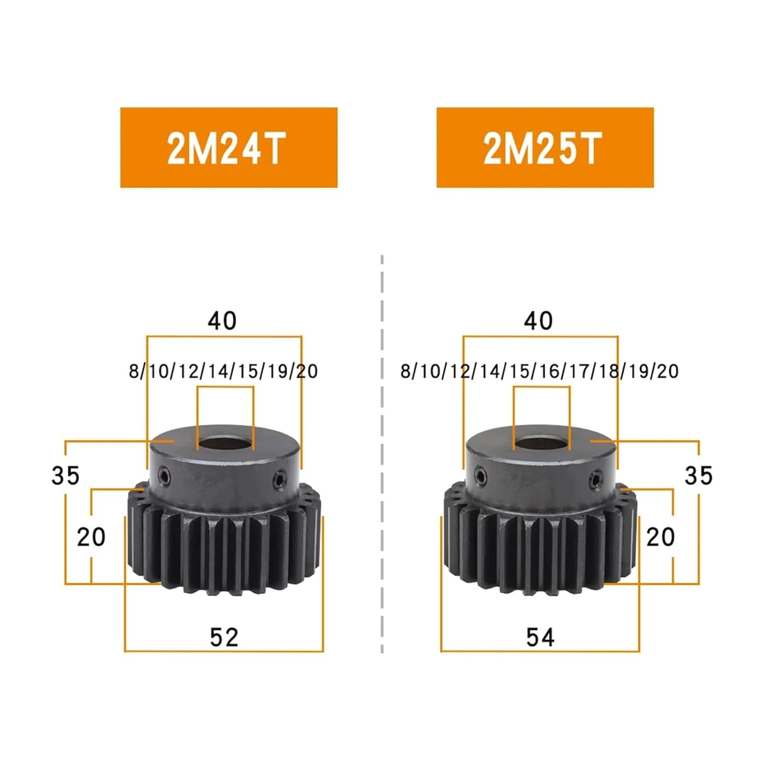 High Precision Motor Spur Gear Worm Gear 2M-25T Bore Size 8/10/12/14/15/16/17/18/19/20mm Wheel Blackening Carbon Steel Teeth Height 20mm(12mm)