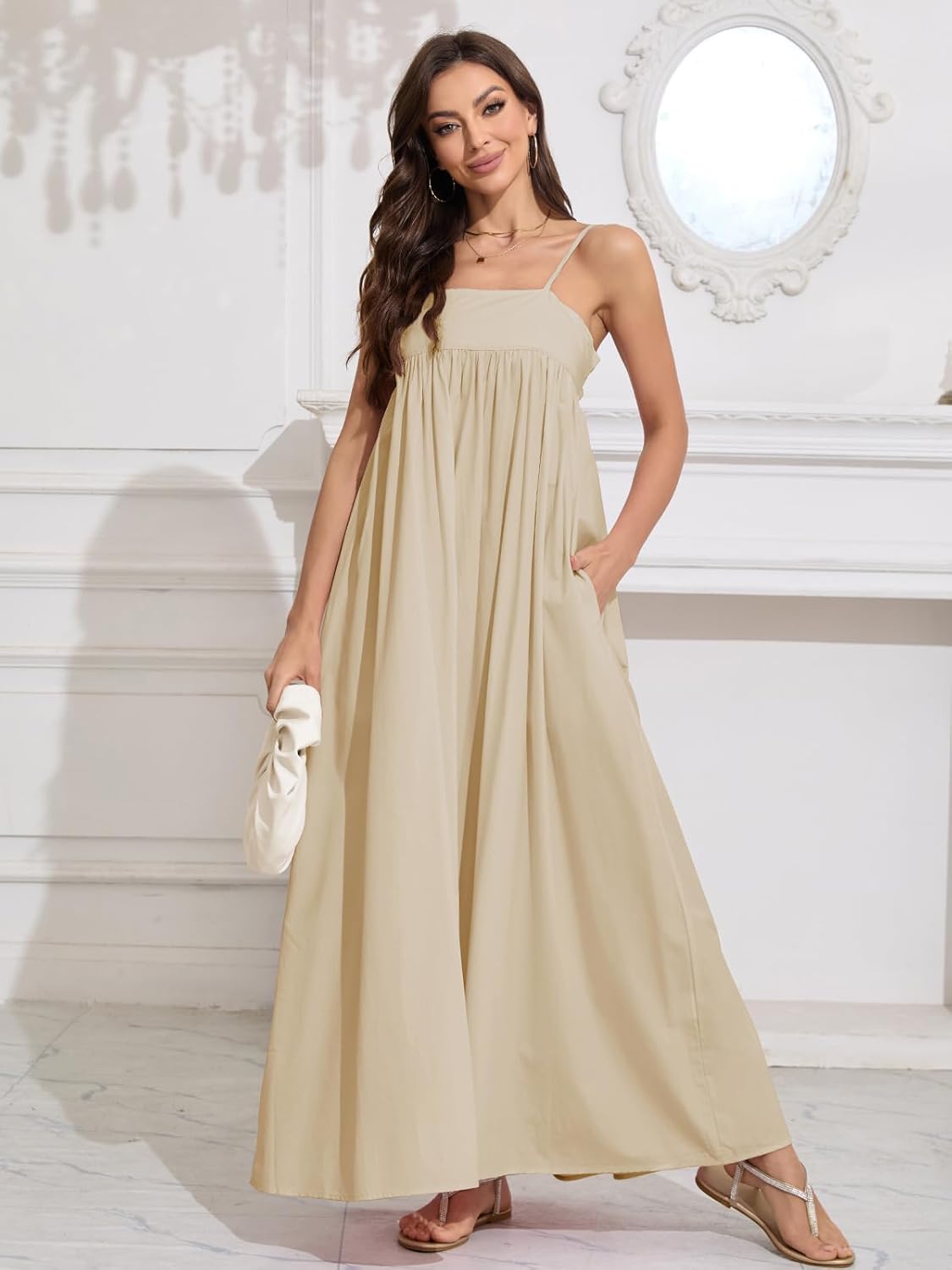 ebossy Women's Summer Backless Tied Spaghetti Straps Casual Loose Cutout Maxi Dress with Pockets - Image 5