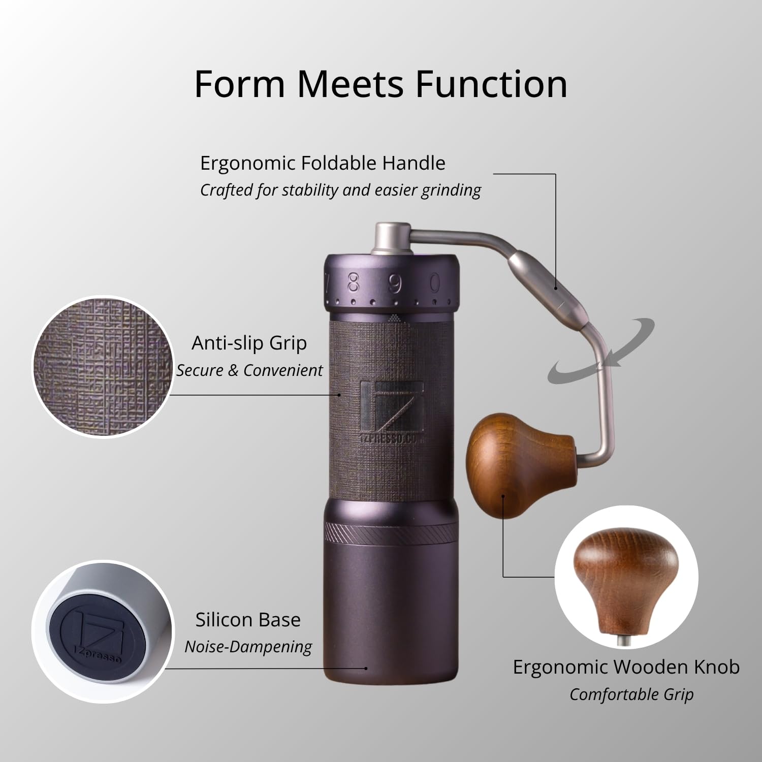 1Zpresso J-Ultra - Molinillo de café manual gris hierro, rebaba cónica, mango plegable, taza de captura magnética de 40 g, ajuste numérico, eficiencia de molienda rápida
