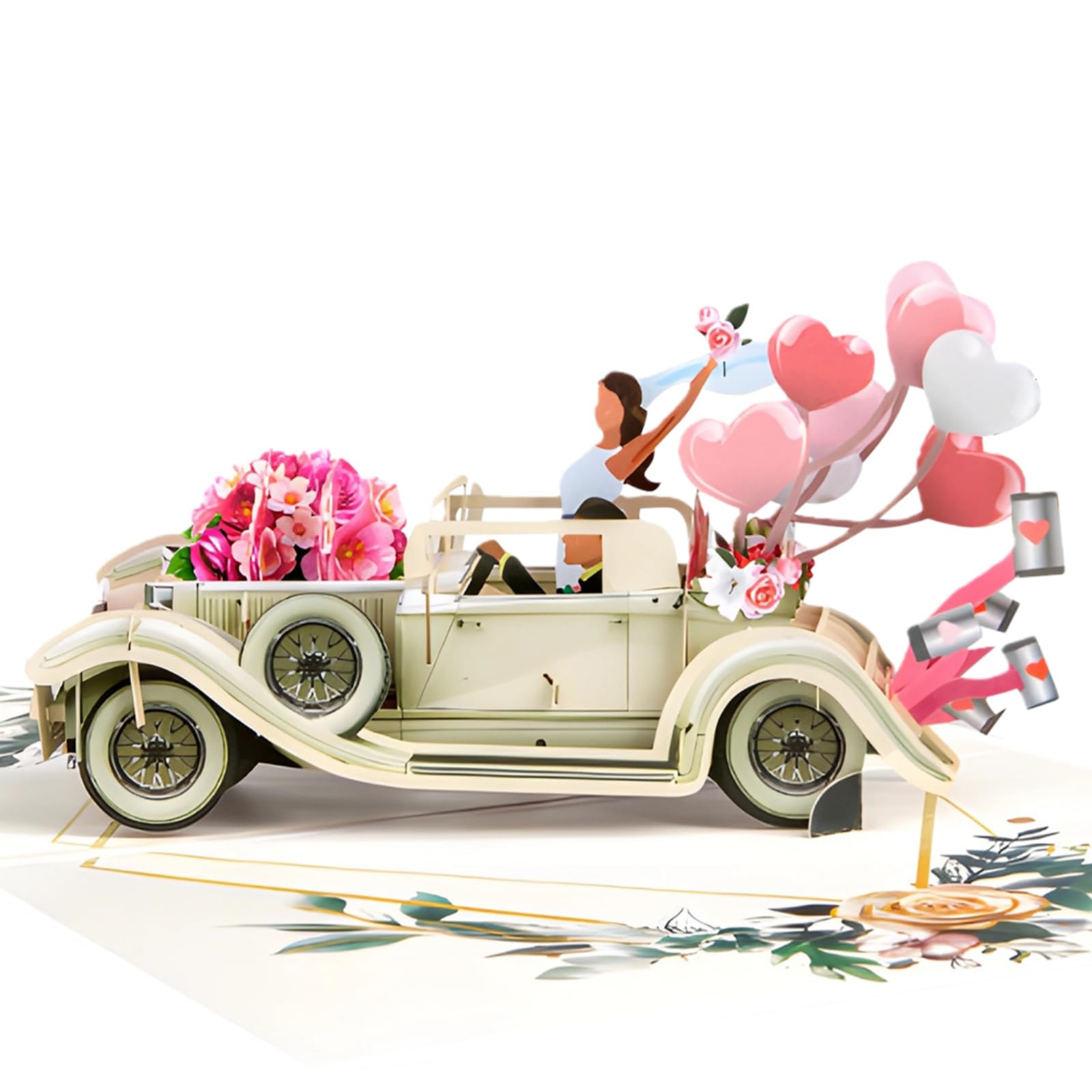 AIBAOBAO Just Married 3D Wedding Card Pop Up, Luxury Vintage Car with Floral Watercolor Cover, Romantic Greeting Card Wedding Congratulations for Bride and Groom, Engagement, Bridal Shower, Newlyweds