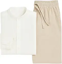 Kit Masculino de Linho Premium – Bata com Gola Padre e Calça Social Casual Elegante