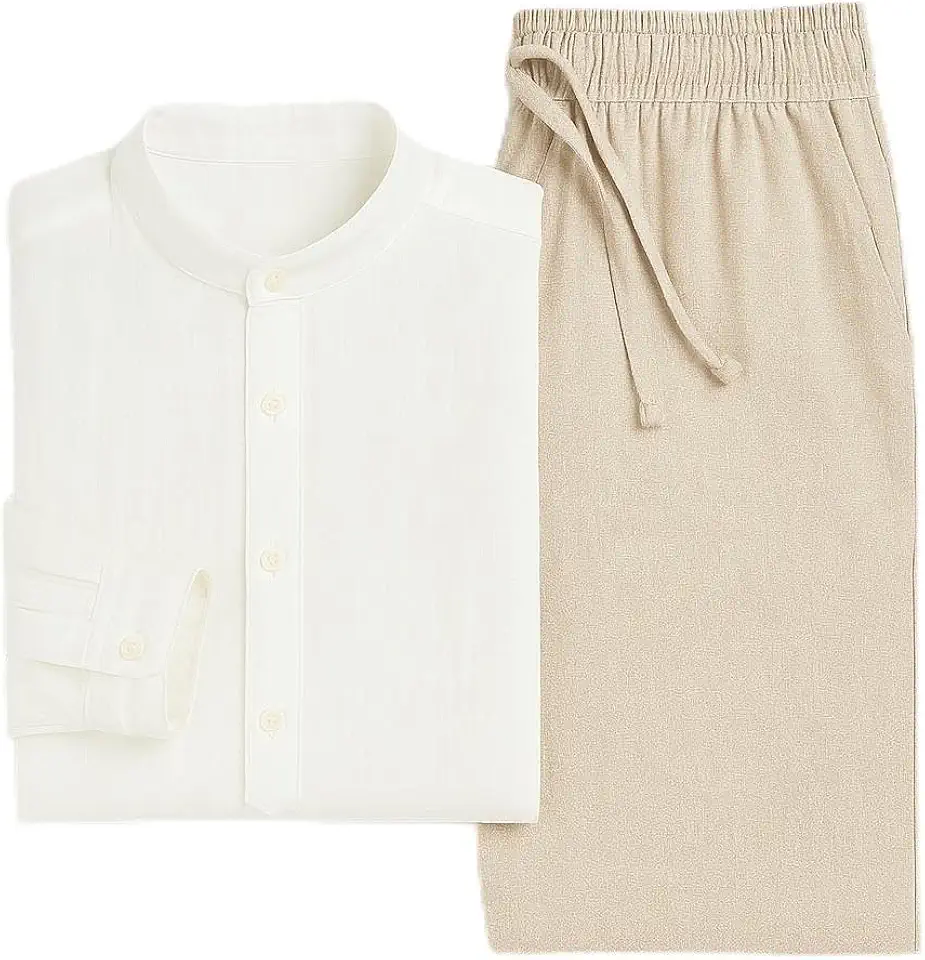 Kit Masculino de Linho Premium – Bata com Gola Padre e Calça Social Casual Elegante