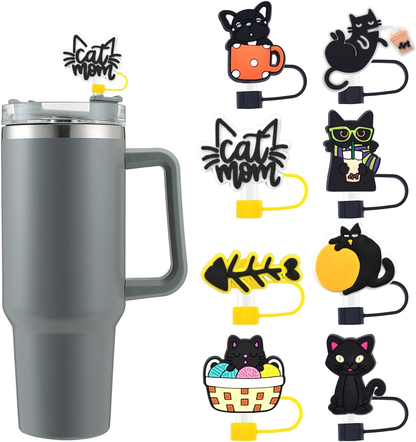 8 Pack Black Cat Straw Cover Toppers, Silicone Reusable Straw Cover Caps, Drinking Dust Proof Tips Lids for Tumbles Cups Accessories