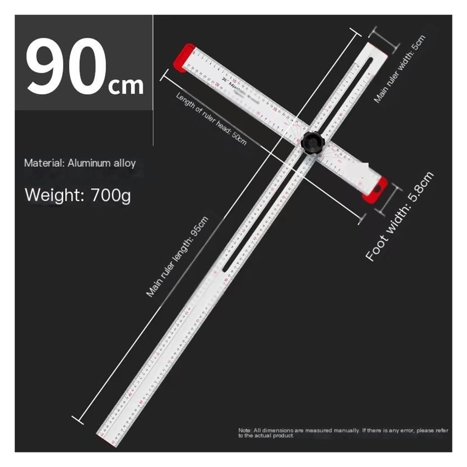 Règle de travail du bois, équerre en T réglable 2 en 1, règle d'angle, règle de marquage de type T, règle de mesure de marquage for la construction en bois(Red,90CM/35IN)