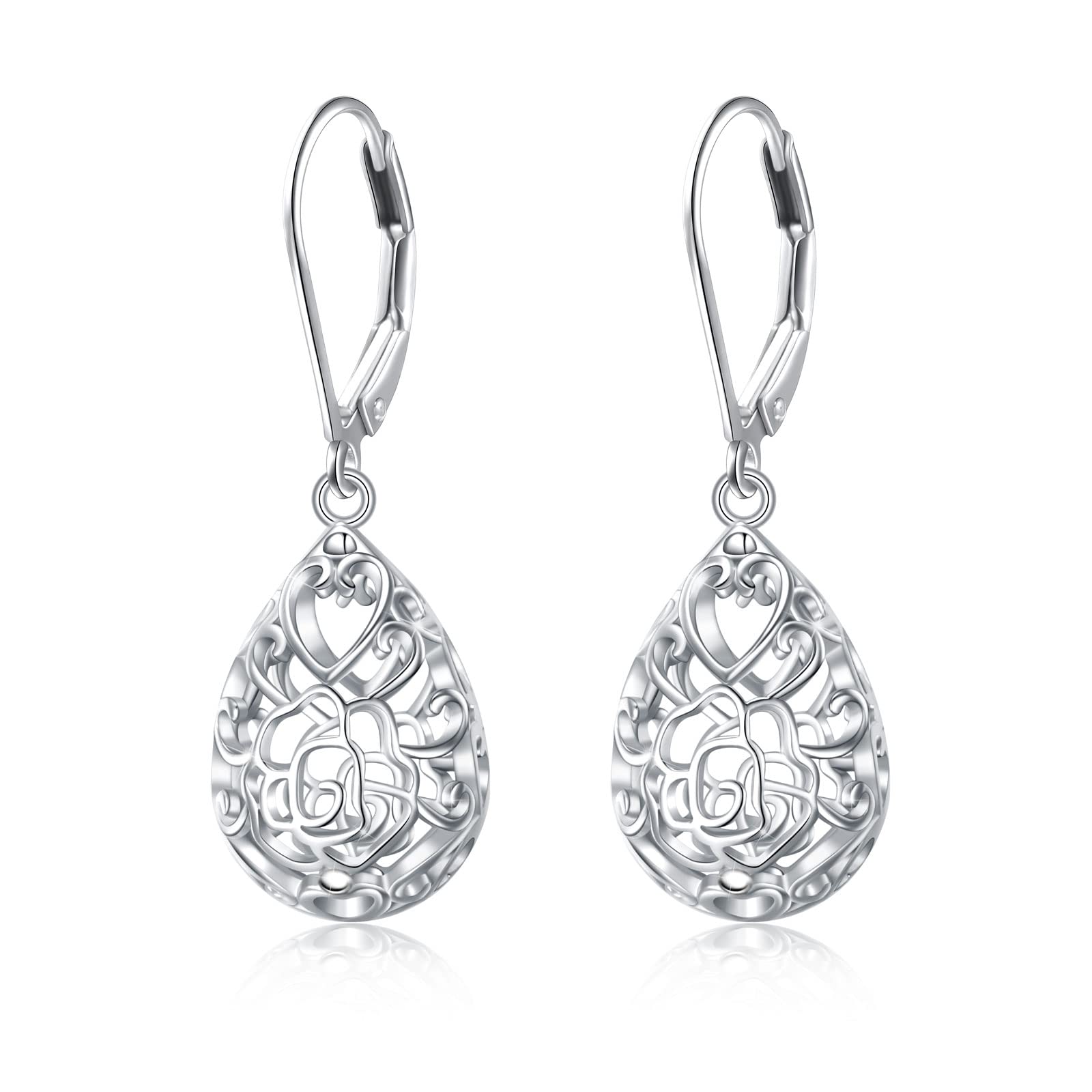 925 Sterling Silver Filigree Dangle Drop Earrings Daisy/Lotus/Rose Flower/Moonstone Leverback Teardrop Earrings for Women Infinity Celtic Knot Daisy