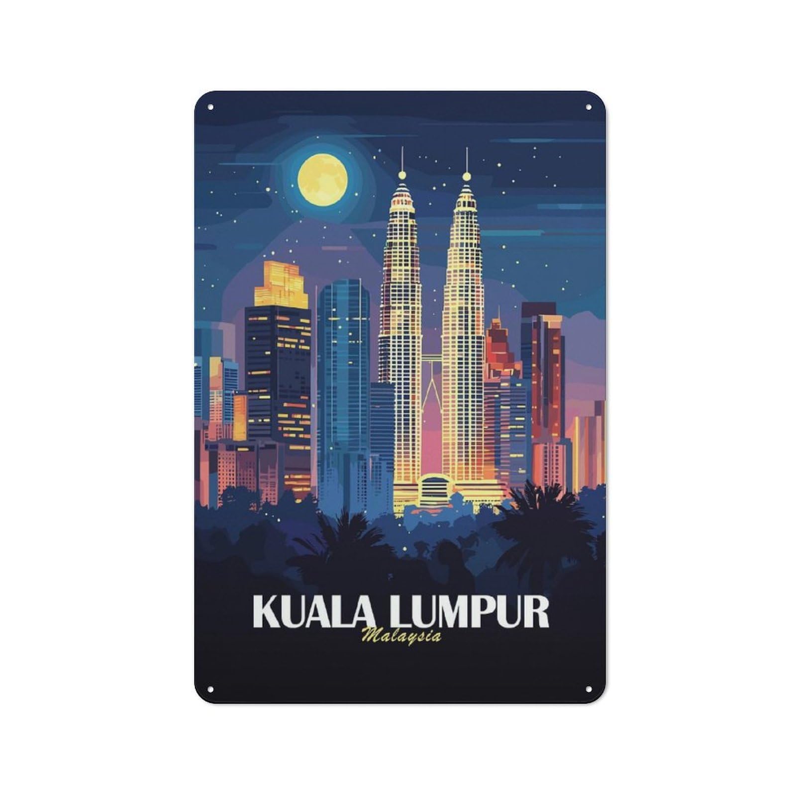 Kuala Lumpur Cityscape at Night Everyday Metal Wall Decor 30x20cm, Vintage Metal Sign for Hallway, Home Bar, Garage Or Study
