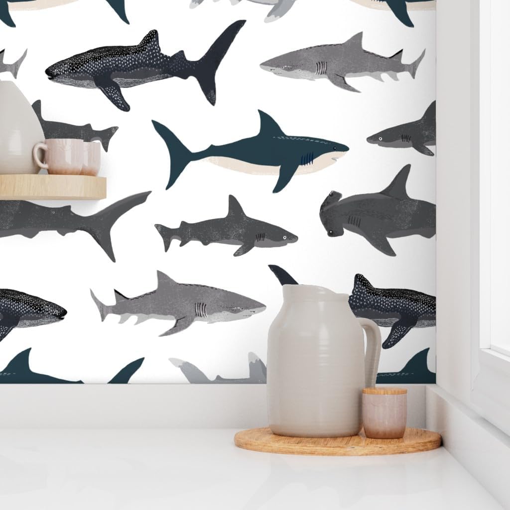 Peel & Stick Wallpaper 3ft x 2ft - Extra Large Shark Nautical Boys White Kids Ocean Sea Tiger Hammerhead Custom Removable Wallpaper by Spoonflower