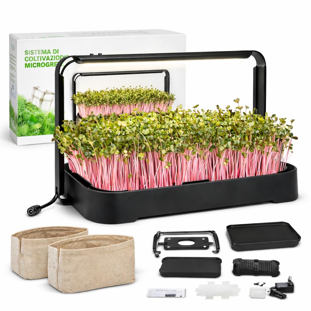 Idroponica Microgreen Indoor con Luce LED Automatica 12h per La CRESCITA OMOGENEA - Kit Idroponico Auto Irrigante con Sacchi Biodegradabili - Mini Serra Compatto per Casa - Capacità 1kg