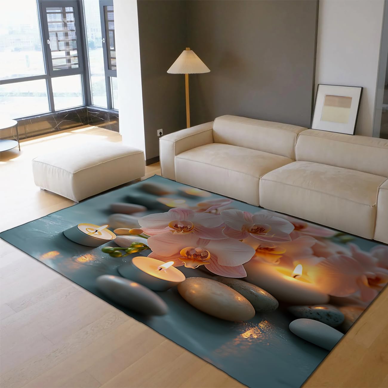 Méditation 120x200cm Tapis d’Espace Orchidées Roses et Bougies Lumineuses Imprimé Moquette à Poil Bas Lavable pour la Chambre Studio Yoga Détente Décoration dans Un Coin
