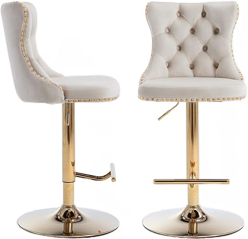 Miniatura 1 de Juego de 2 taburetes de bar giratorios de terciopelo, altura ajustable de 25-33 pulgadas, taburetes de bar con respaldo, sillas de bar para altura