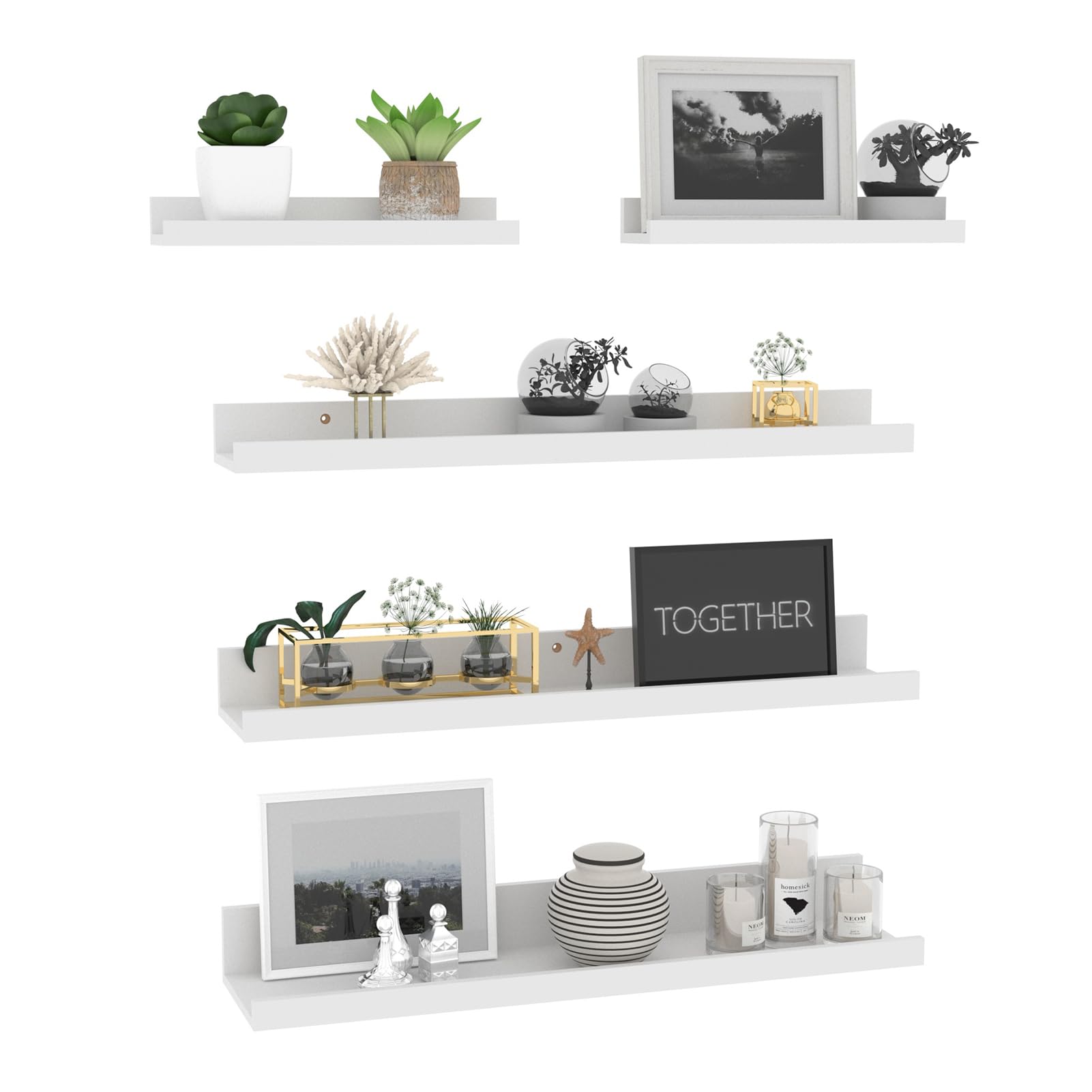 Giftgarden 60cm Estanteria Pared de Madera, Baldas Pared Blanco para Baño, Entrada Recibidor, Cocina, Salon-Juego de 5 con Diferentes Tamaños