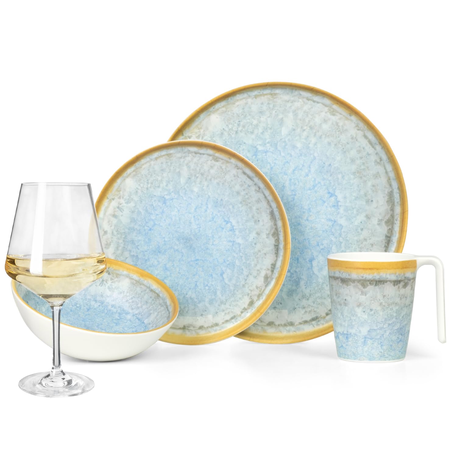 Vajilla de melamina para camping, 4 personas, color azul cristal + 4 copas de vino blanco Milano