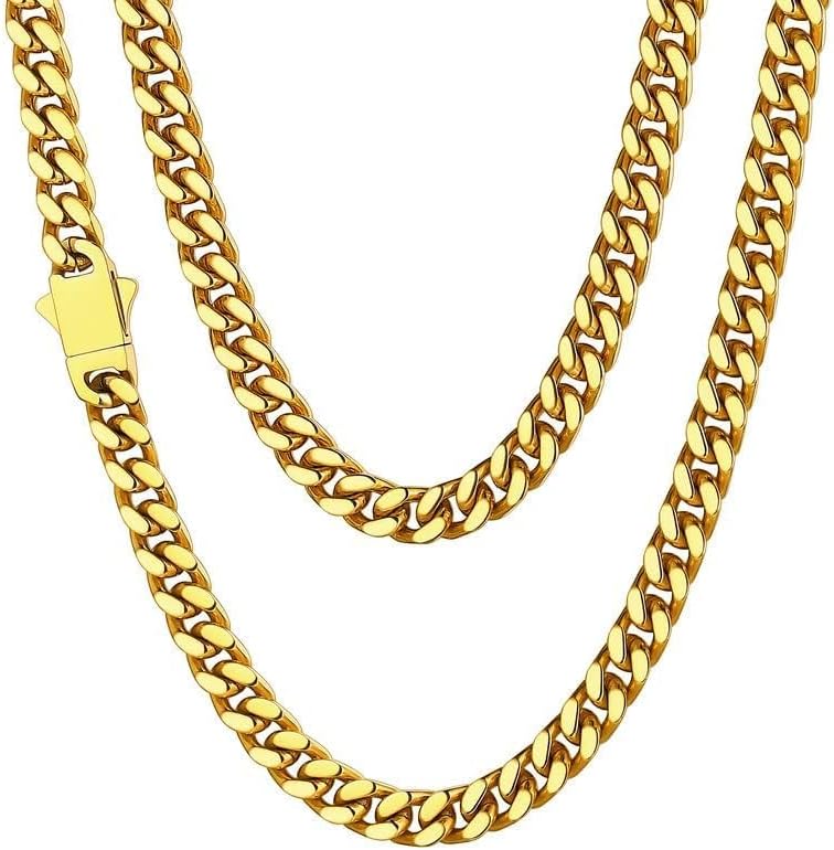 ChainsHouse Stainless Steel Mens Cuban Link Chain, Black/ 18K Gold Plated Miami Cuban Chain Necklace, 5mm/7mm/9mm/12mm/14mm Width, No Tarnish& Durable Hip Hop Mens Jewelry, 18"-30", Send Gift Box