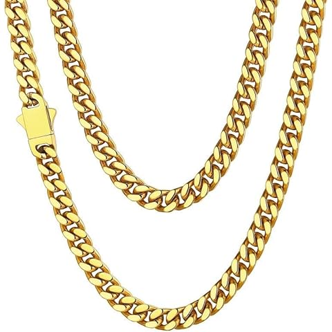 ChainsHouse Stainless Steel Mens Cuban Link Chain, Black/ 18K Gold Plated Miami Cuban Chain Necklace, 5mm/7mm/9mm/12mm/14mm Width, No Tarnish& Durable Hip Hop Mens Jewelry, 18