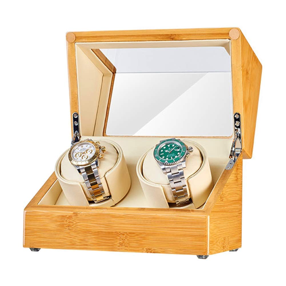 QUSYZD Bamboo Wooden Automatic Watch Winder Box Soft Flexible Watch Pillow Adapter and Battery Powered Quiet Motor,