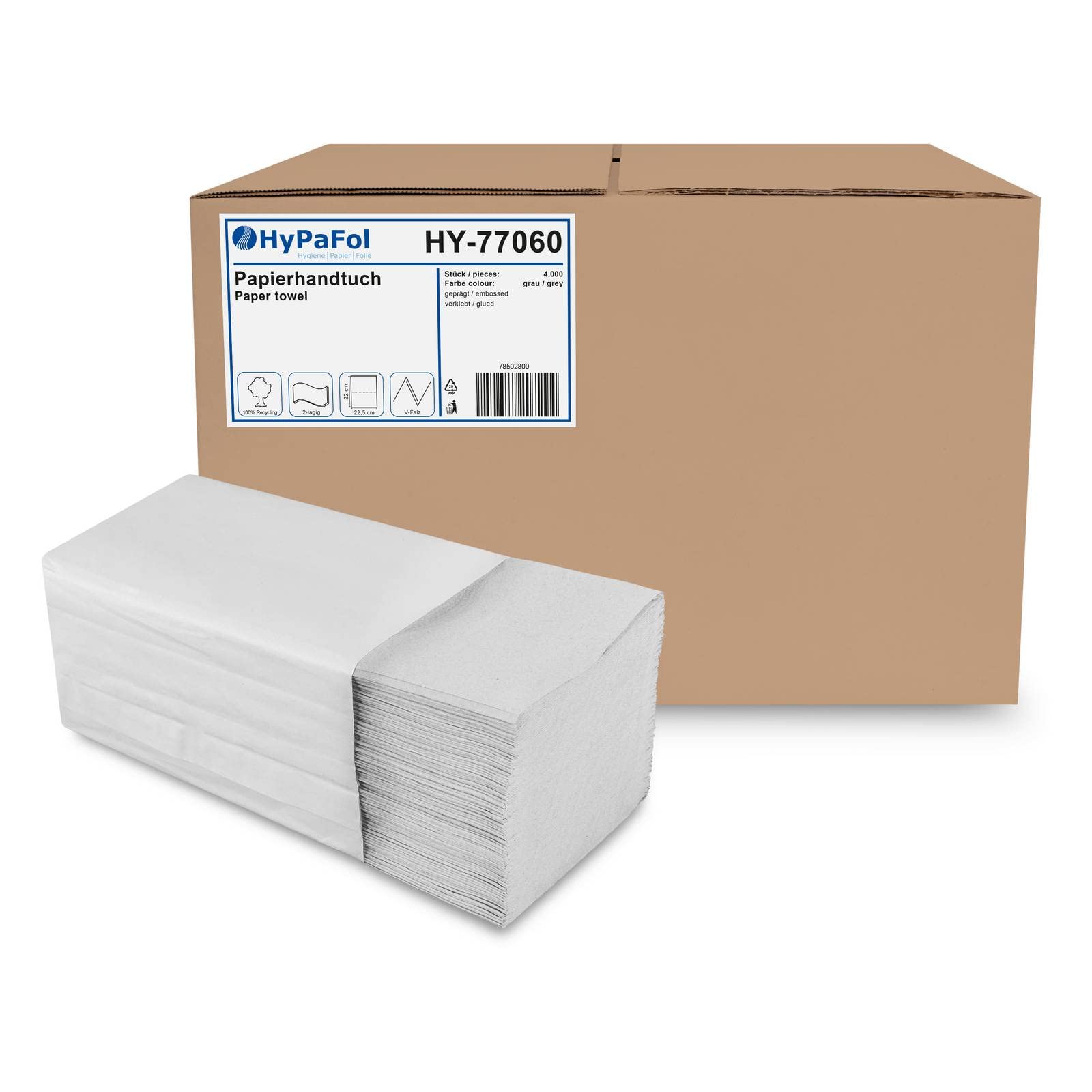 Hypafol Papierhandtücher für Spender 4.000 Blatt | Recycling, 2-lagig, 22,5 x 22 cm | ZZ/V-Falz geeignet für Handtuchspender in Toiletten, Büros, Praxen und Studios