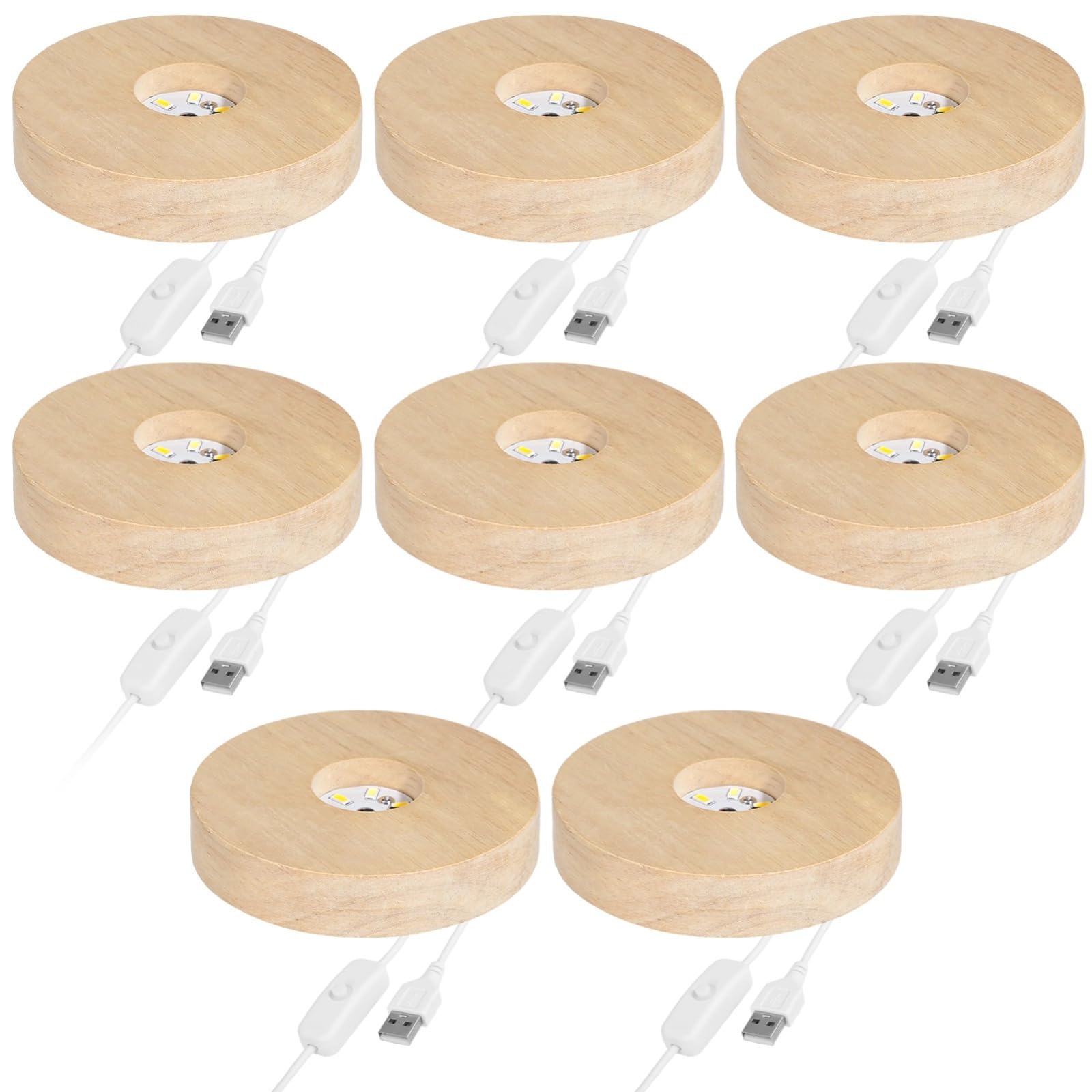 3 modalità di illuminazione, espositore in cristallo, alimentato tramite USB, decorazione per la casa, artigianato, vetro artistico per, basi luminose a LED in legno, 8 pezzi, altezza 2 cm