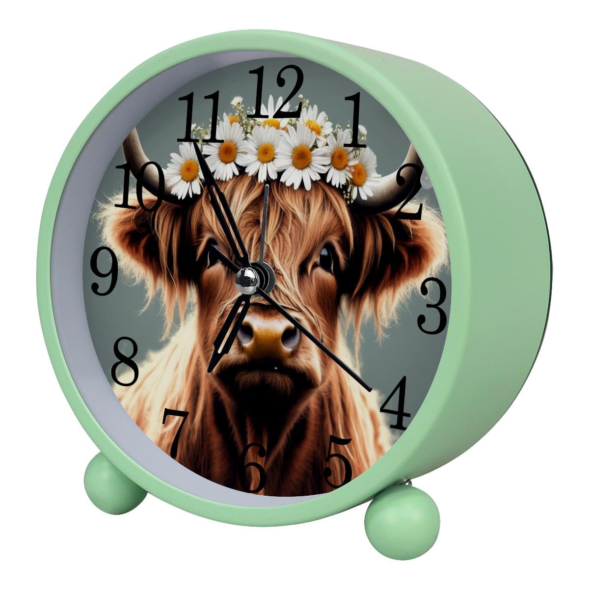 Luoweisi Alarm Clock Highland Cow Daisy, Silent Non-Ticking with Night Light, Round Metal Alarm Clock for Office, Battery Operated, Bedroom, Elderly, Adults, Children, Student Gifts