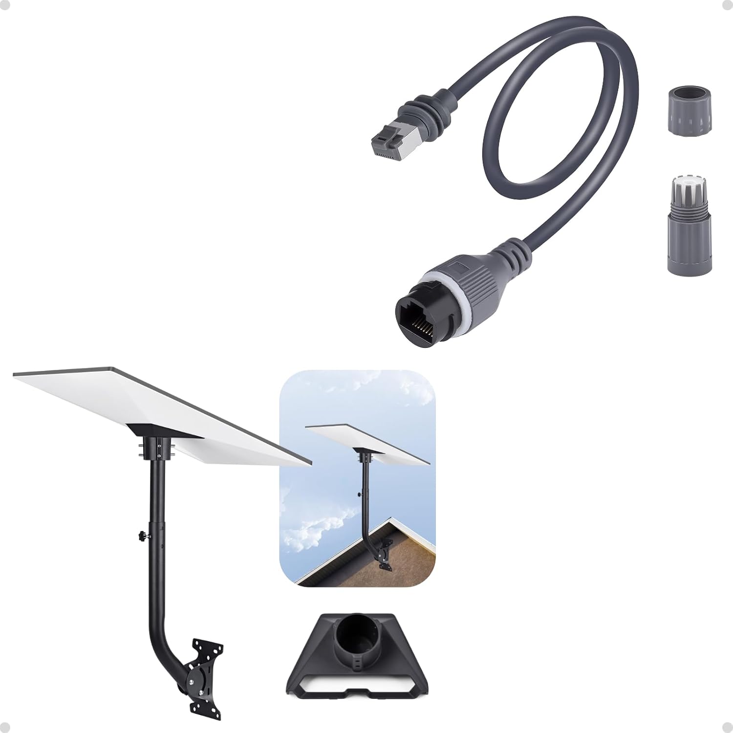 Adjustable Mounting Kit with Aluminum Pipe Adapter Pole Mount for Starlink Standard/Gen 3, Ethernet Adapter for Starlink Standard/Gen 3 and Mini, Waterproof Barrel Jack