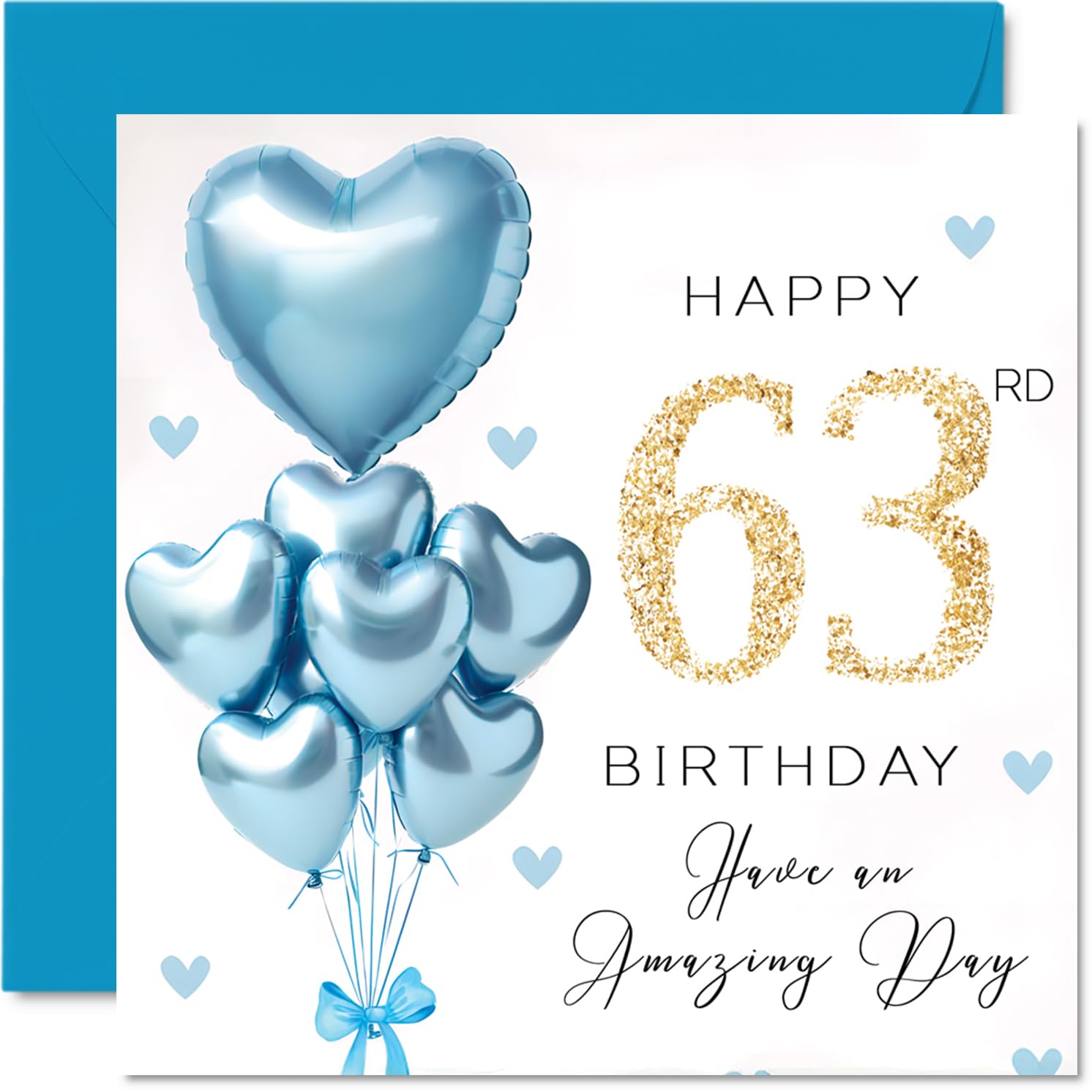 63rd Birthday Cards for Men - Blue Glitter Balloons - Happy Birthday Card for 63 Year Old Man Uncle Friend Cousin Neighbour, 145mm Bday Greeting Cards