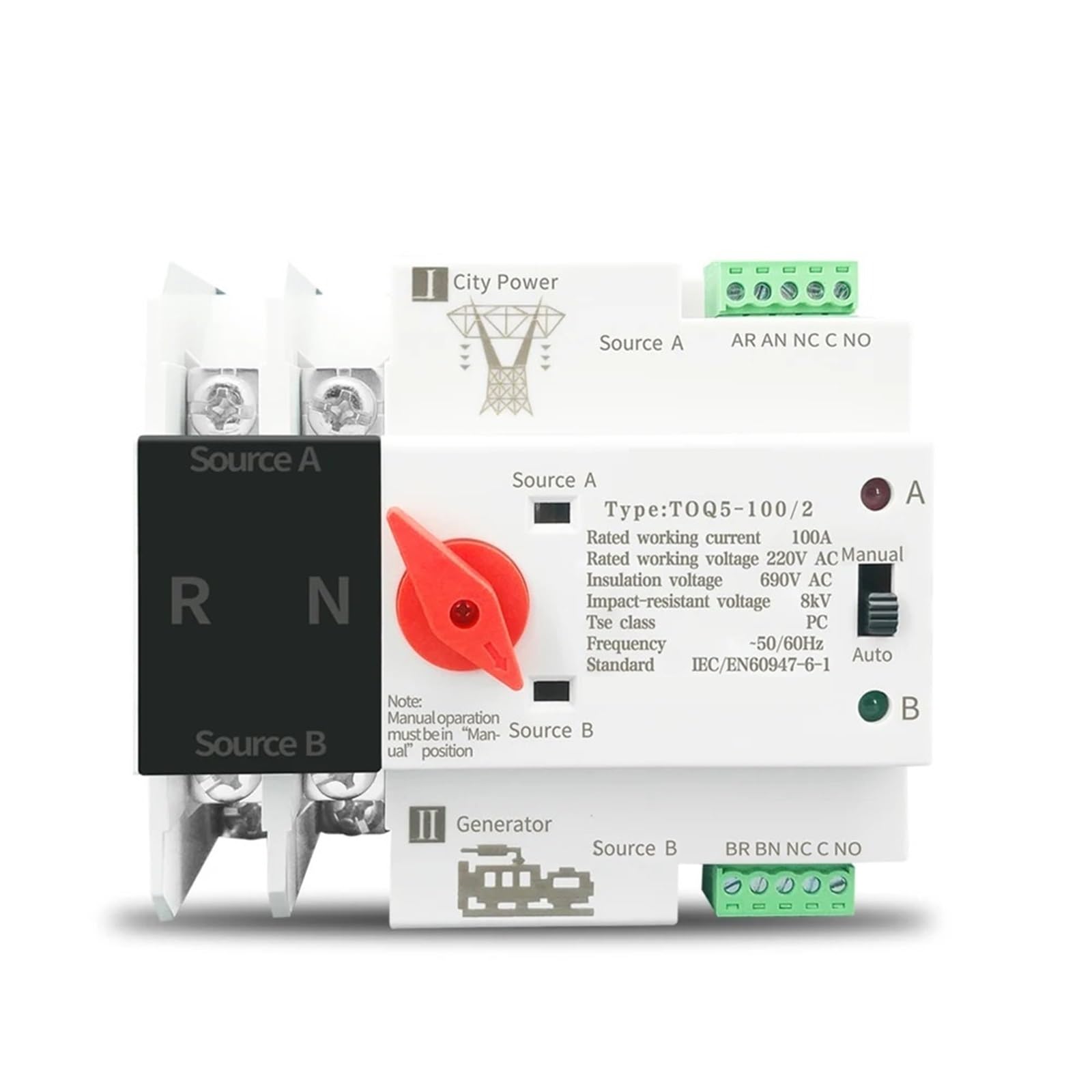 1 pz. Interruttore selettore elettrico automatico ATS monofase su guida DIN a doppia alimentazione, senza interruzione, 2P, 63A, 100A, 125A(220V,125A)