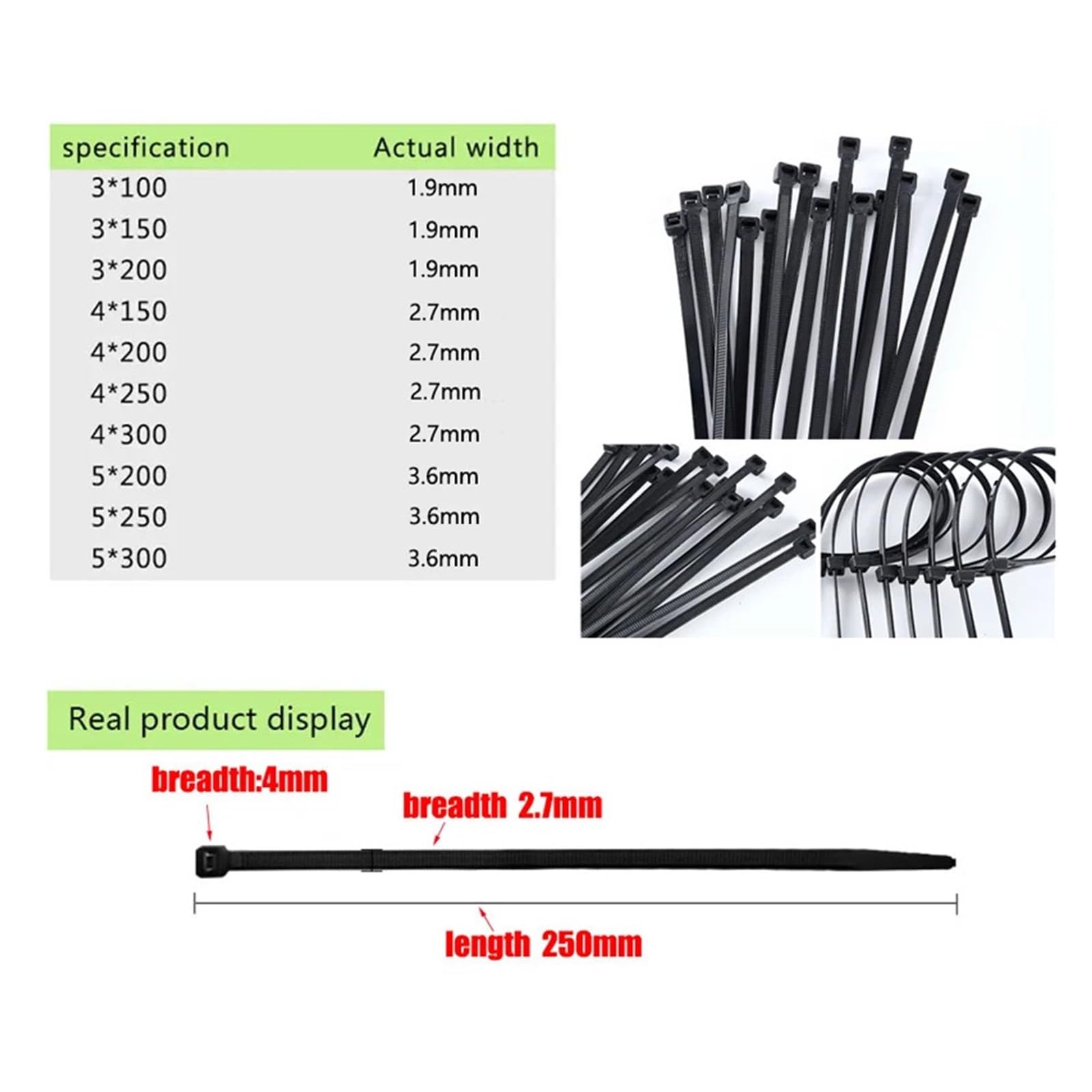 300 fascette stringicavo in nylon e plastica autobloccanti a tre modalità, nere, for fissare cavi ad anello, varie specifiche - Facile Installazione(4x300 5x250 5x300mm)