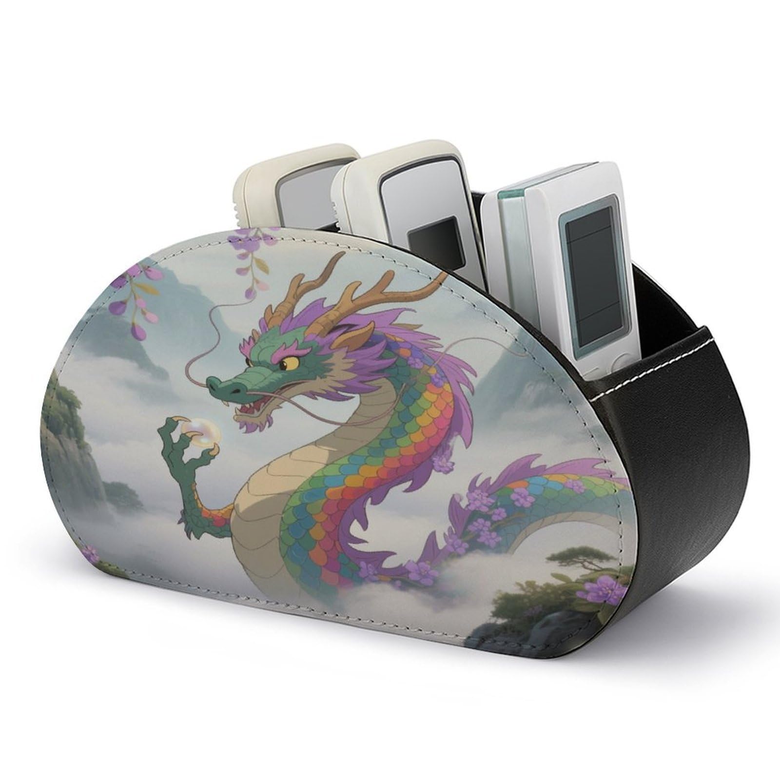 VstaDank Rainbow Scale Eastern Dragon Remote Control Holder PU Leather Multifunctional Office Organizer Box Makeup Brush Holder Desk Storage with 5 Compartments TV Remote Media Player Box