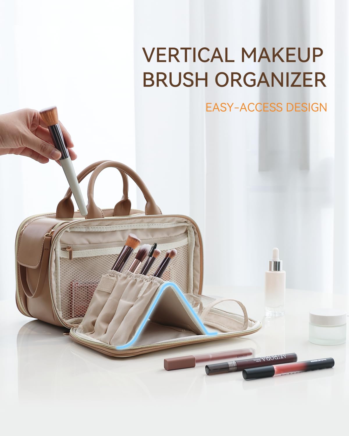 Prite Trousse de maquillage pour femme, grande capacité, étanche, trousse de toilette portable ouverte et plate avec porte-brosse autoportant et poignée, Beige-marron, Grand, Pratique/organisé