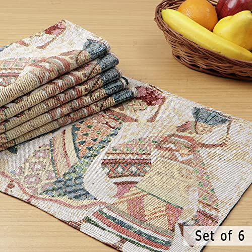 Image of HOKIPO Cotton Jacquard Placemats Set of 6 (12x18 Inches) (IN-530-D3*6) Multicolor Tribal Women