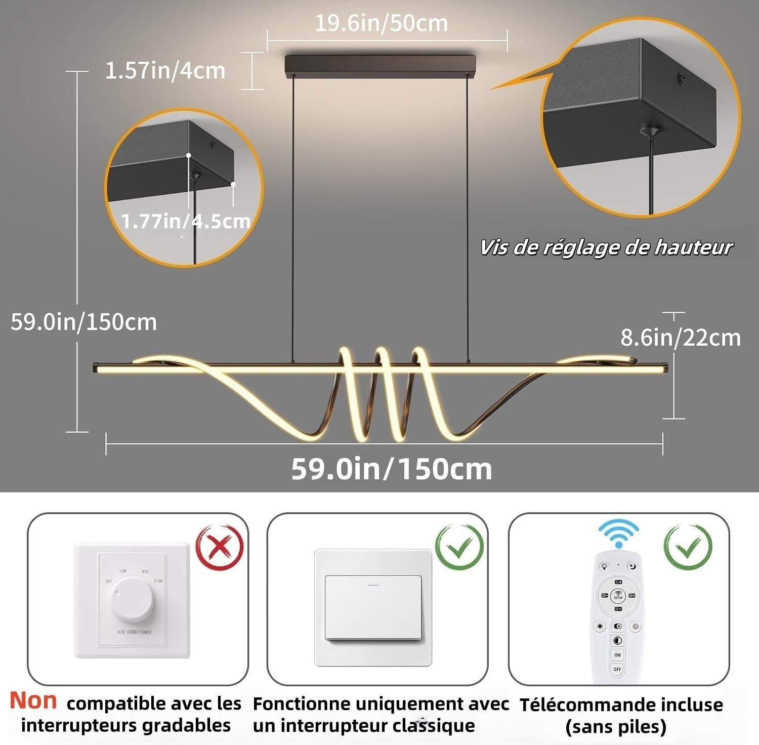 Suspension Luminaire Cuisine LED Moderne, 3000K/4000K/6000K 10%–100% Température de Couleur Lustre, Dimmbar avec Télécommande Chandelier pour Cuisine, Salon, Salle à manger, Chambre à Coucher 150CM