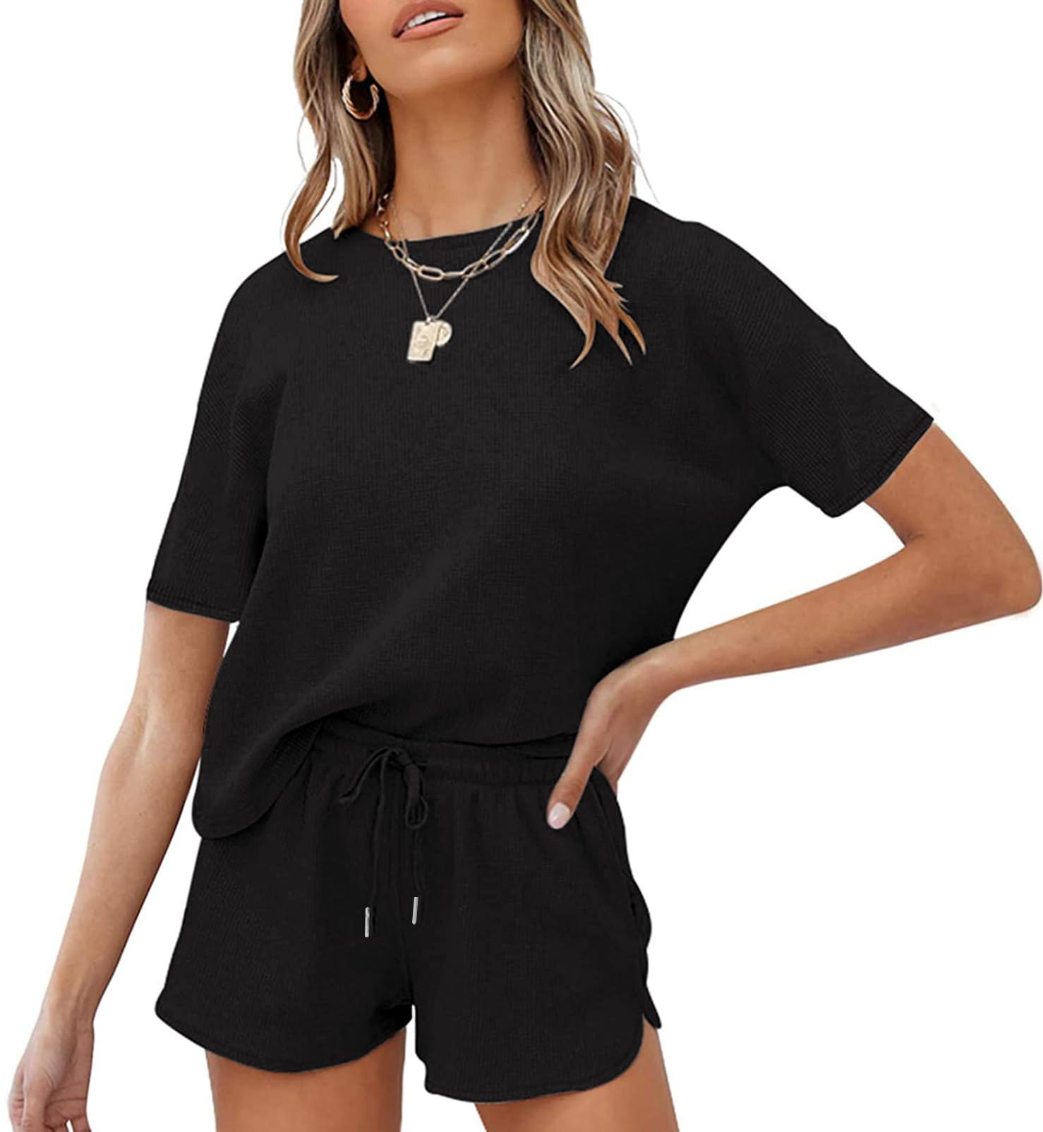 MEROKEETY Women's Short Sleeve Waffle Pajama Sets Lounge Top and Shorts 2 Piece Tracksuit Outfits