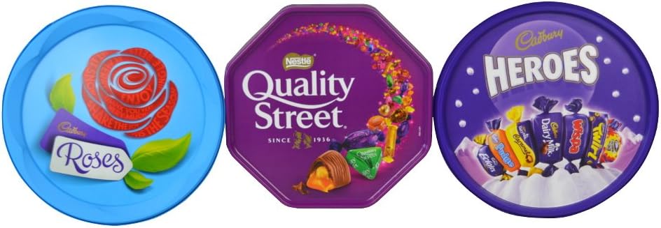 Christmas Chocolate Tubs - 3 PACK - Roses, Heroes, and Quality Street